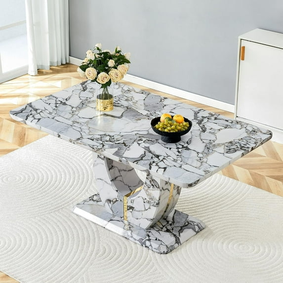 JUFU 63" Faux Marble Dining Table for 6, Modern Dining Room Table with Elegant White Marble Pattern, MDF Base, Scratch and Heat Resistant, Ideal for Kitchen & Dining Room