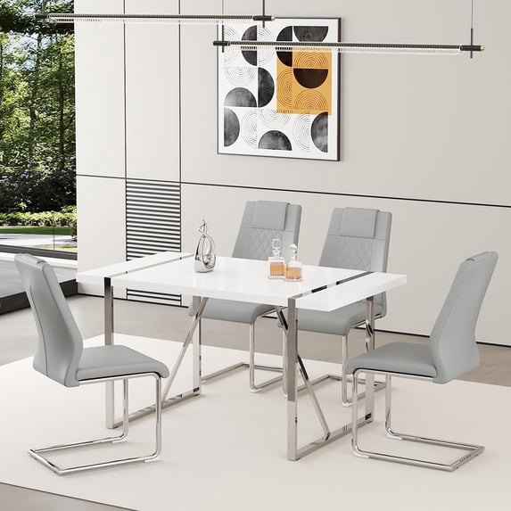JUFU Modern Dining Table Set for 4, 55" White Dining Table and 4 Upholstered PU Leather Chairs with Silver Metal Legs, Ideal for Kitchen and Dining Room