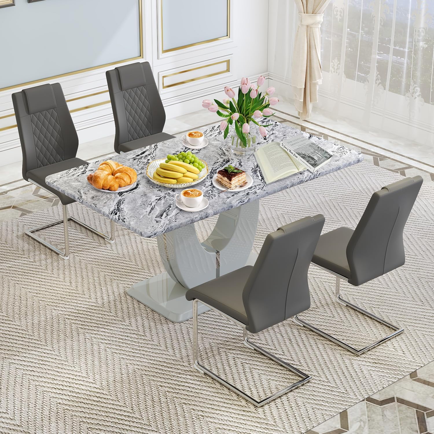JUFU Modern Dining Table Set for 4,Grey Faux Marble Dining Room Table ...