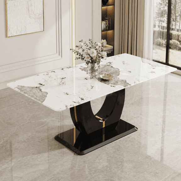 JUFU Modern Dinner Table for 6-8, 71'' Rectangular Kitchen Table with White Pattern Faux Marble Tabletop, Scratch and Heat Resistant, Ideal for Dining Room & Kitchen