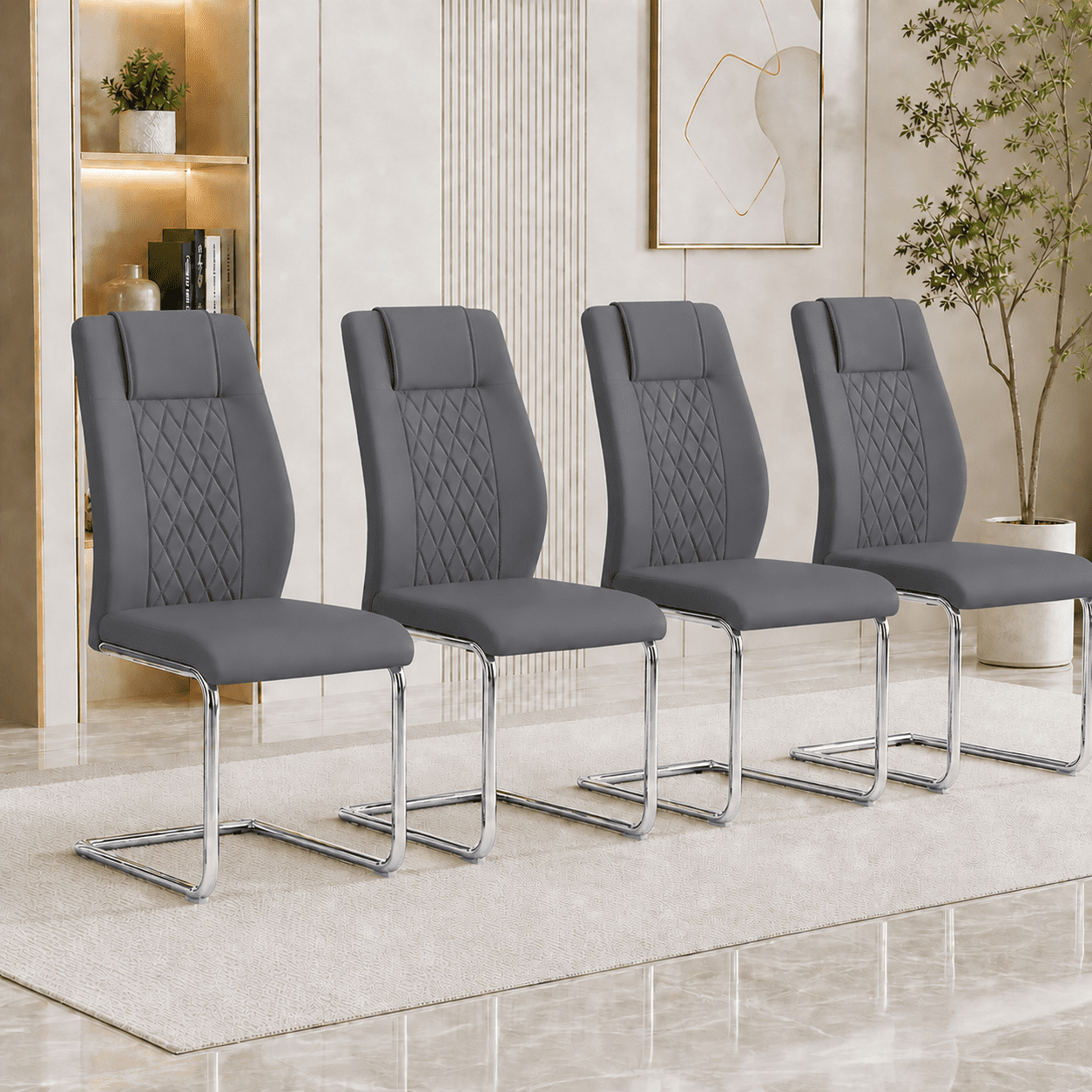 JUFU Modern Gray Dining Chairs Set of 4, Faux Leather High Back with Chrome Legs