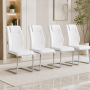 JUFU Modern White Dining Chairs Set of 4, Faux Leather High Back with Chrome Legs