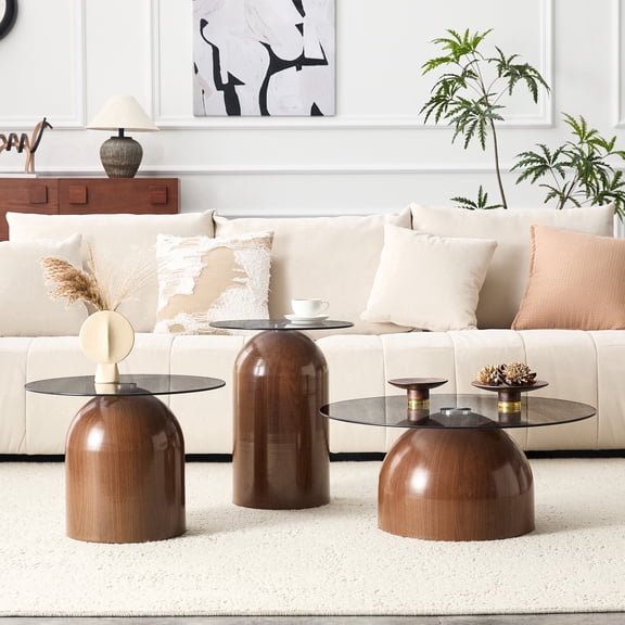 JUFU Nesting Coffee Table Set of 3, Round Glass Coffee Table Set, Modern Living Room Table for Small Space, Wood Grain Base