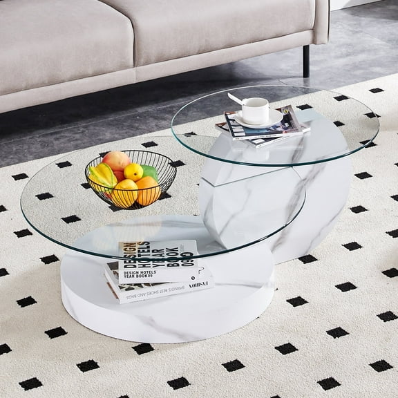JUFU 42" White Tiered Coffee Table, Tempered Glass Top with MDF Base for Small Living Room