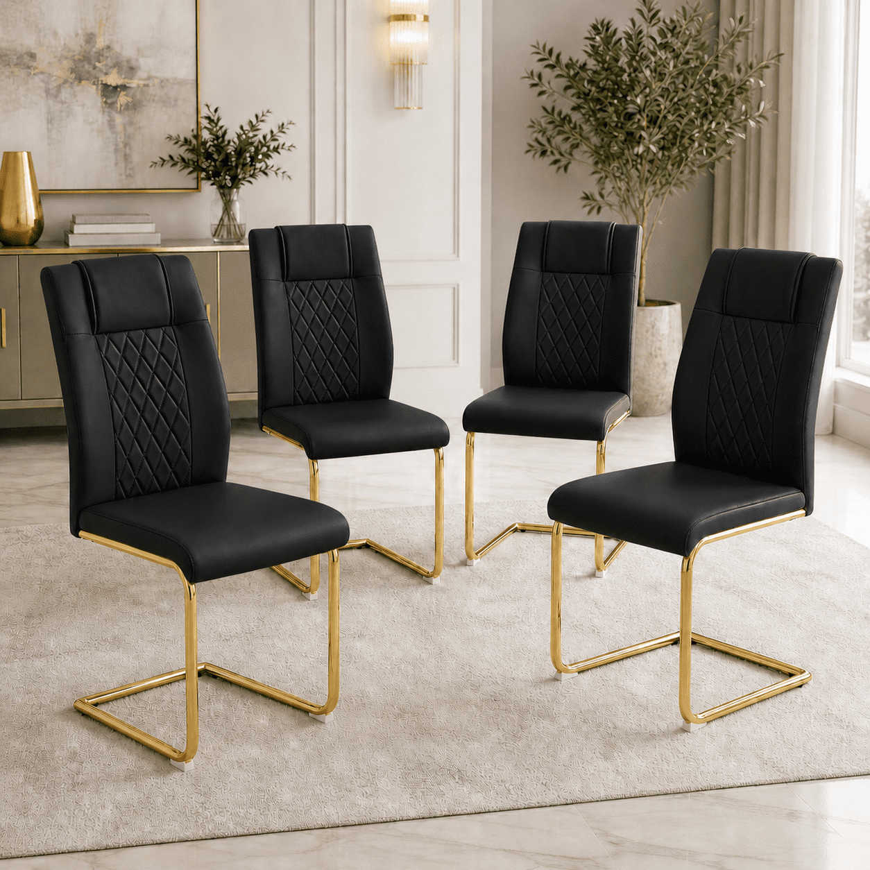 JUFU Set of 4 Black Faux Leather Dining Chairs with Gold Metal Legs, Upholstered High Back Chairs for Dining Room Kitchen