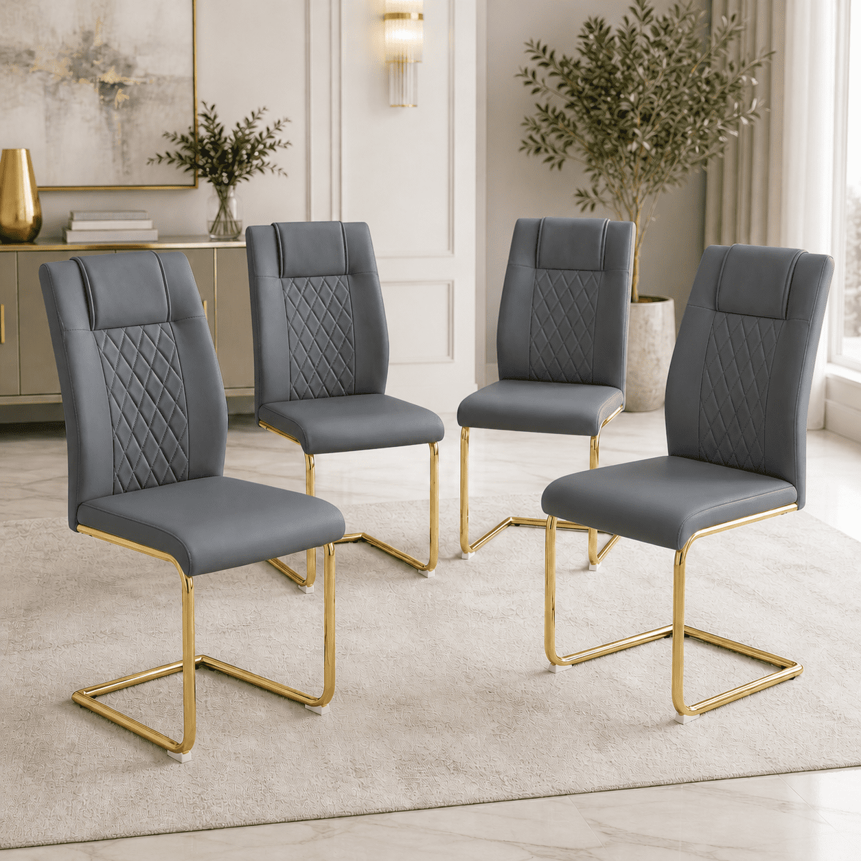 JUFU Set of 4 Gray Faux Leather Dining Chairs with Gold Legs, Modern High Back Armless Chairs for Kitchen or Dining Room