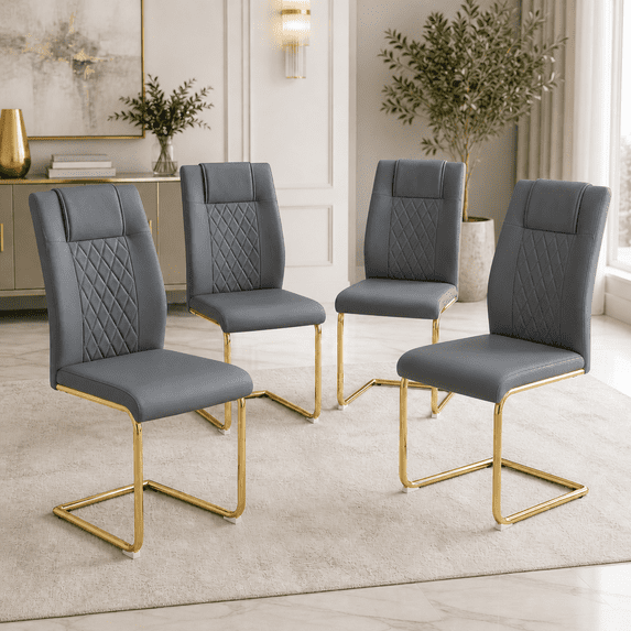 JUFU Set of 4 Gray Faux Leather Dining Chairs with Gold Legs, Modern High Back Armless Chairs for Kitchen or Dining Room