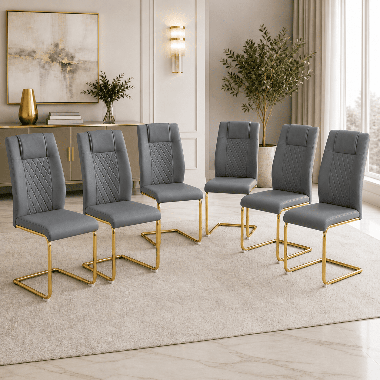 JUFU Set of 6 Gray Faux Leather Dining Chairs with Gold Legs, Modern High Back Armless Chairs for Kitchen or Dining Room