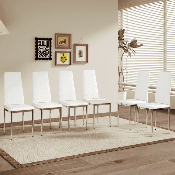 JUFU Set of 6 White Faux Leather And Chrome Dining Chairs, Modern for Dining Room