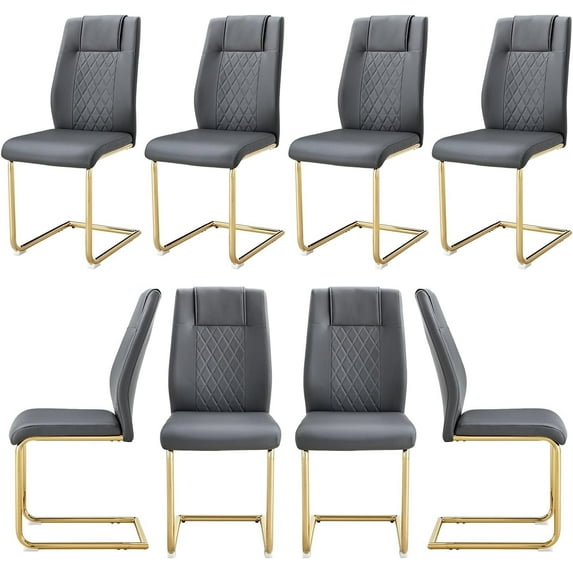 JUFU Set of 8 Gray Faux Leather Dining Chairs with Gold Legs, Modern High Back Armless Chairs for Kitchen or Dining Room