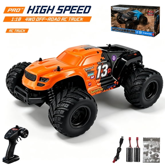 JUGAAD LIFE 1:18 Remote Control Monster Truck, All-Terrain 4WD RC Car, 2.4GHz Off-Road Vehicle with 2 Rechargeable Batteries, Perfect Gift for Teens & Adults - Orange