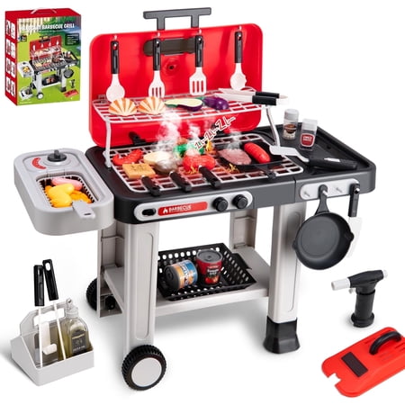 JUGAAD LIFE 43 PCS Kids BBQ Grill Playset, Pretend Play Kitchen Toy Set, Barbecue Toy with Wheels, Sound Light, Outdoor Food Toys Cooking Set for Toddler, Birthday Gift Boys Girls