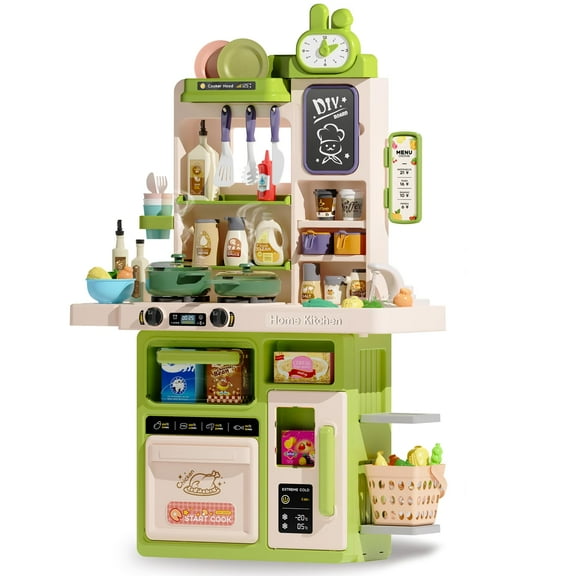JUGAAD LIFE 63PCS Kids Kitchen Playset, 33.8Inch Play Kitchen Toy with Sound & Light, Cooking Stove with Steam, Sink and Kitchen Accessories Set, Pretend Food Toys for Boys Girls Toddlers - Green