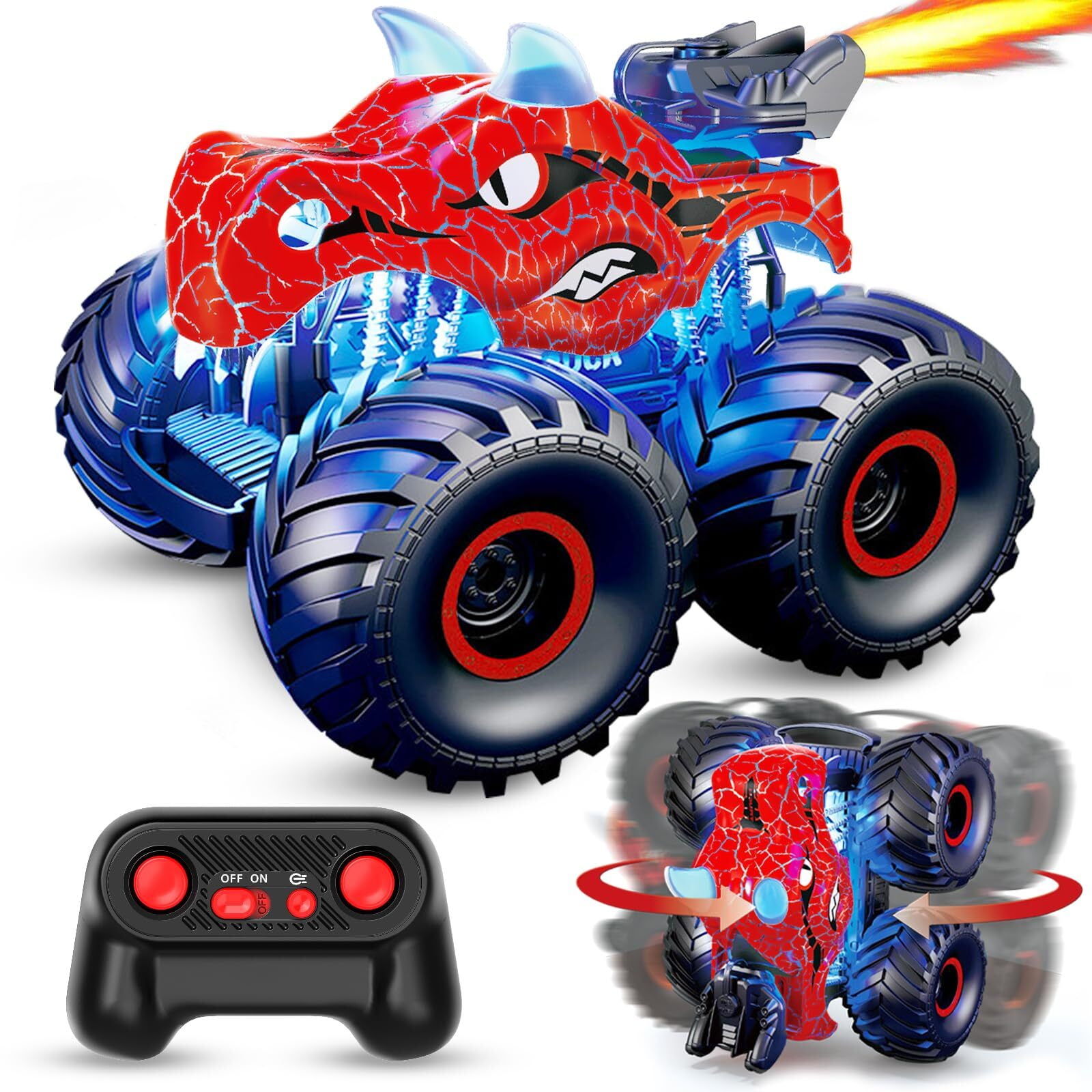 JUGAAD LIFE Dinosaur Remote Control Car 2.4GHz RC Monster Trucks for Boys Girls with Light, Sound & Spray, Dinosaur Toys Gift for Kids 3 4 5 6 7 8 Years Old-Red