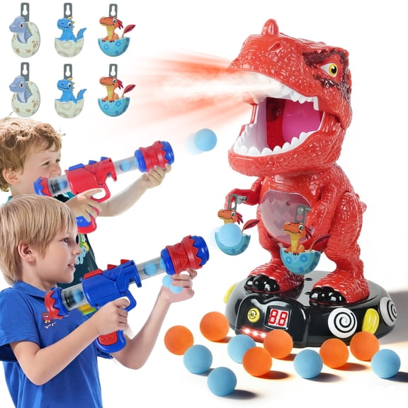 JUGAAD LIFE Dinosaur Shooting Toys for Kids, Movable Target Shooting Games with 2 Air Pump Blasters, 48 Foam Balls and LED Score, Birthday Gifts for 3 4 5 6 7 Years Old Boys - Orange