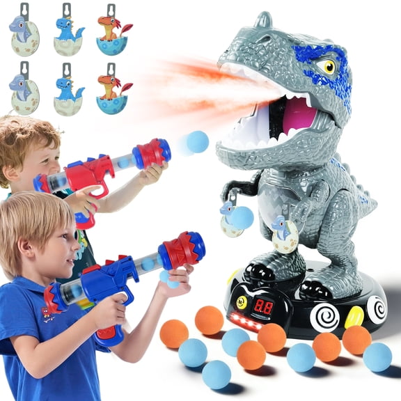 JUGAAD LIFE Dinosaur Shooting Toys for Kids, Movable Target Shooting Games with 2 Air Pump Blasters, 48 Foam Balls and LED Score, Birthday Gifts for 3 4 5 6 7 Years Old Boys - Gray