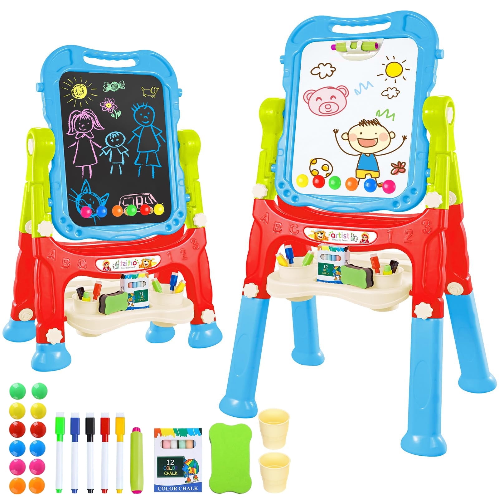 JUGAAD LIFE Easel for Kids, Double Sided Adjustable Standing Toddlers Art Easel with Magnetic White Board & Chalk Blackboard, Painting Accessories, Gift for Toddlers Boys and Girls Age 3-8 Red