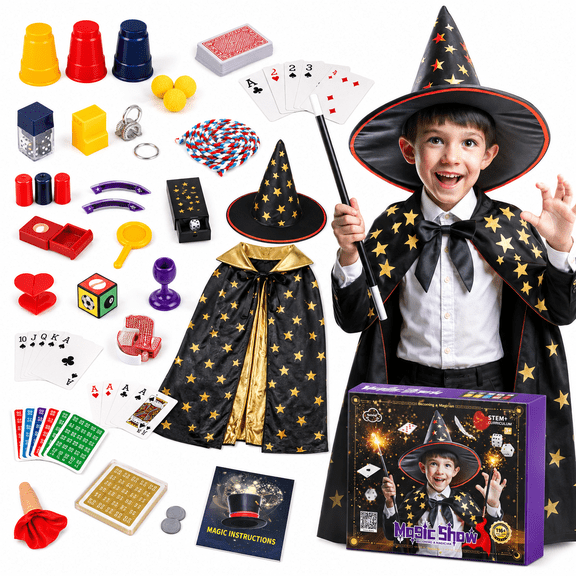 JUGAAD LIFE Kids Magic Kit with Magician Hat, Cape, 116+ Magic Tricks for Kids, Magic Toys Set for Boys Girls Ages 4 5 6 7 8 10 12 Years Old