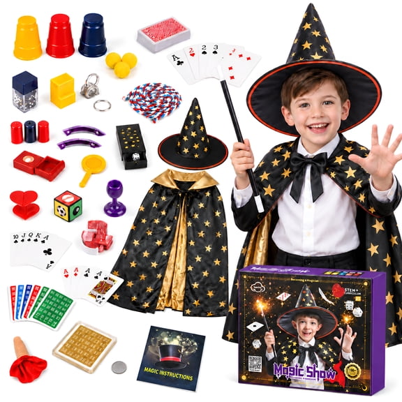 JUGAAD LIFE Kids Magic Kit with Magician Hat, Cape, 116+ Magic Tricks for Kids, Magic Toys Set for Boys Girls Ages 4 5 6 7 8 10 12 Years Old