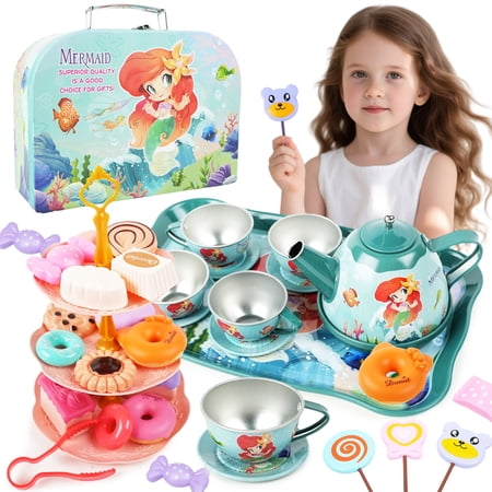 JUGAAD LIFE Mermaid Tea Party Set for Kids, Princess Kitchen Pretend Play Toys for Girls Ages 3 4 5 6+ Years Old, Birthday Gift for Toddler