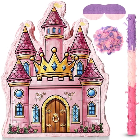 JUGAAD LIFE Princess Castle Pinata Party Supplies Pinata Bundle with Blindfold, Bat and Colorful Confetti for Girls Boys Kids Birthday Party Toys Game Decorations
