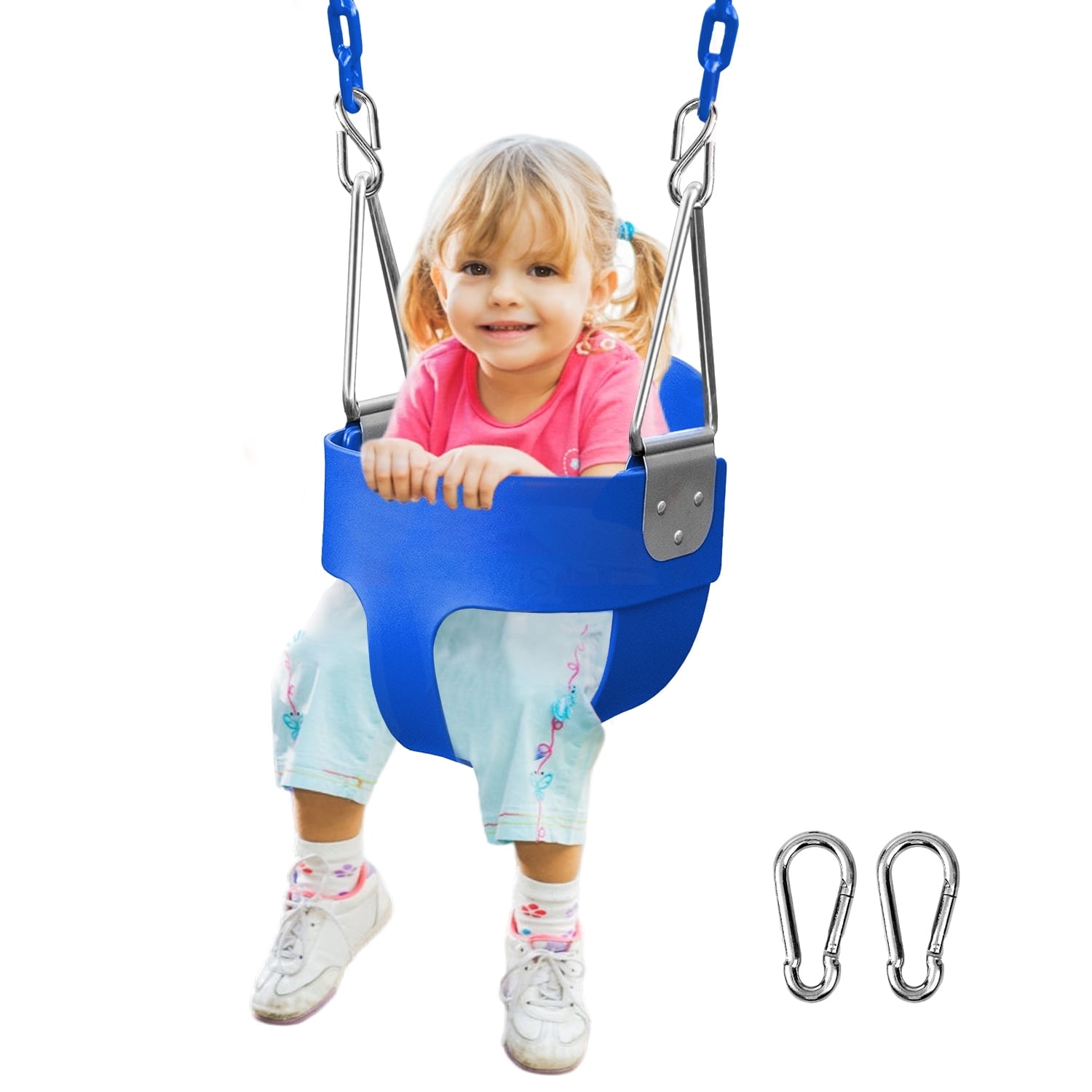 JUGAAD LIFE Toddler Swing Seat High Back Full Bucket Baby Swing with Coated Chain Pinch Protection and Carabiners for Easy Install Swing Sets for Outside Outdoor Playsets - Blue