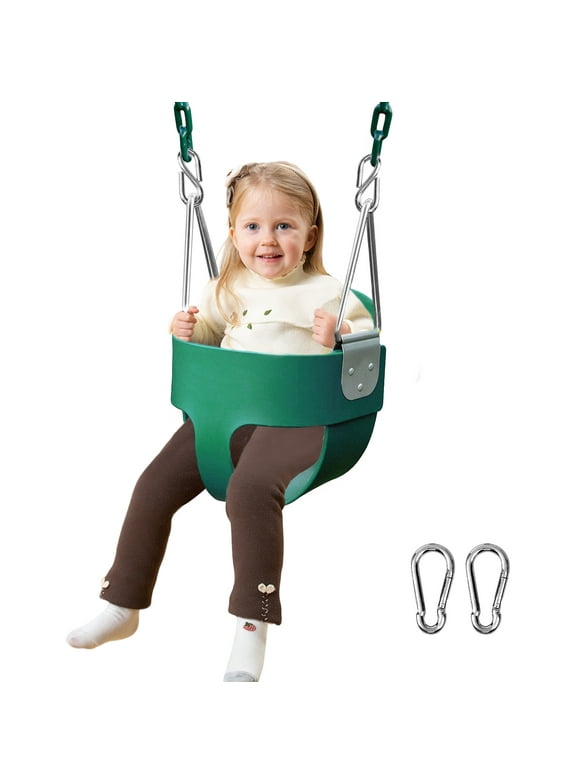 JUGAAD LIFE Toddler Swing Seat High Back Full Bucket Baby Swing with Coated Chain Pinch Protection and Carabiners for Easy Install Swing Sets for Outside Outdoor Playsets - Green