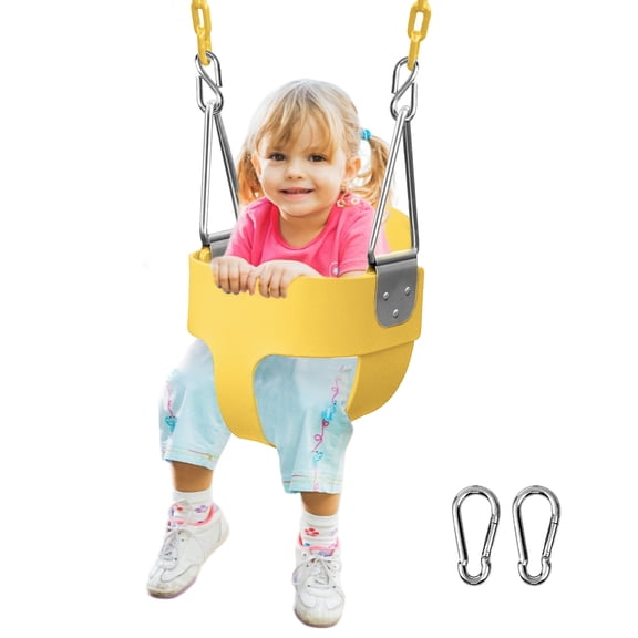 JUGAAD LIFE Toddler Swing Seat High Back Full Bucket Baby Swing with Coated Chain Pinch Protection and Carabiners for Easy Install Swing Sets for Outside Outdoor Playsets - Yellow