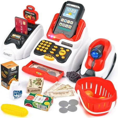 JUGAAD LIFE Toy Cash Register for Kids, with Checkout Scanner, Fruit Card Reader, Credit Card Machine, Play Money and Food Shopping Play Set, Pretend Play Learning Toys for Boys Girls Toddlers
