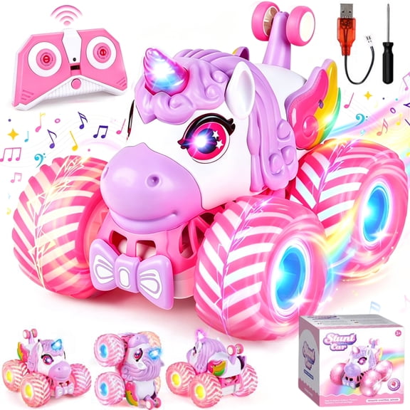 JUGAAD LIFE Unicorn Remote Control Cars for Girls, Pink RC Monster Truck Stunt Cars with LED Lights & Music, Birthday Gift Toys for Kids Boys 3 4 5 6 7 8 9 10 Years Old