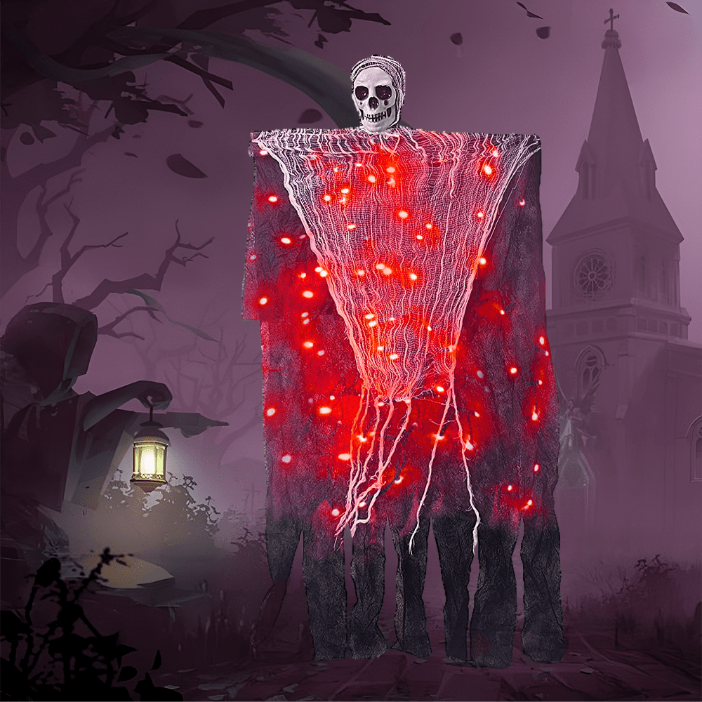 JUHEFA Hanging Halloween Ghosts Decorations, Grim Reaper with Halloween Orange String Lights for Halloween Indoor Outdoor Porch Party Decor