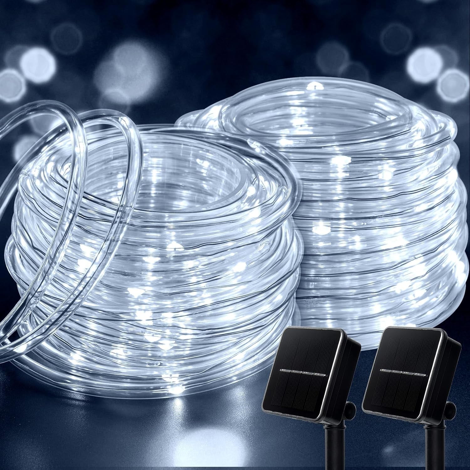 JUHEFA Solar Rope Lights 33FT 100LED for Pool, 8 Modes Outdoor Waterproof LED Solar for Fence,Gazebo,Yard,Walkway,Path,Garden Decor,2PACK, White