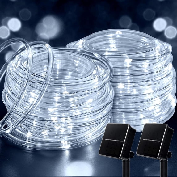 JUHEFA Solar Rope Lights 33FT 100LED for Pool, 8 Modes Outdoor Waterproof LED Solar for Fence,Gazebo,Yard,Walkway,Path,Garden Decor,2PACK, White