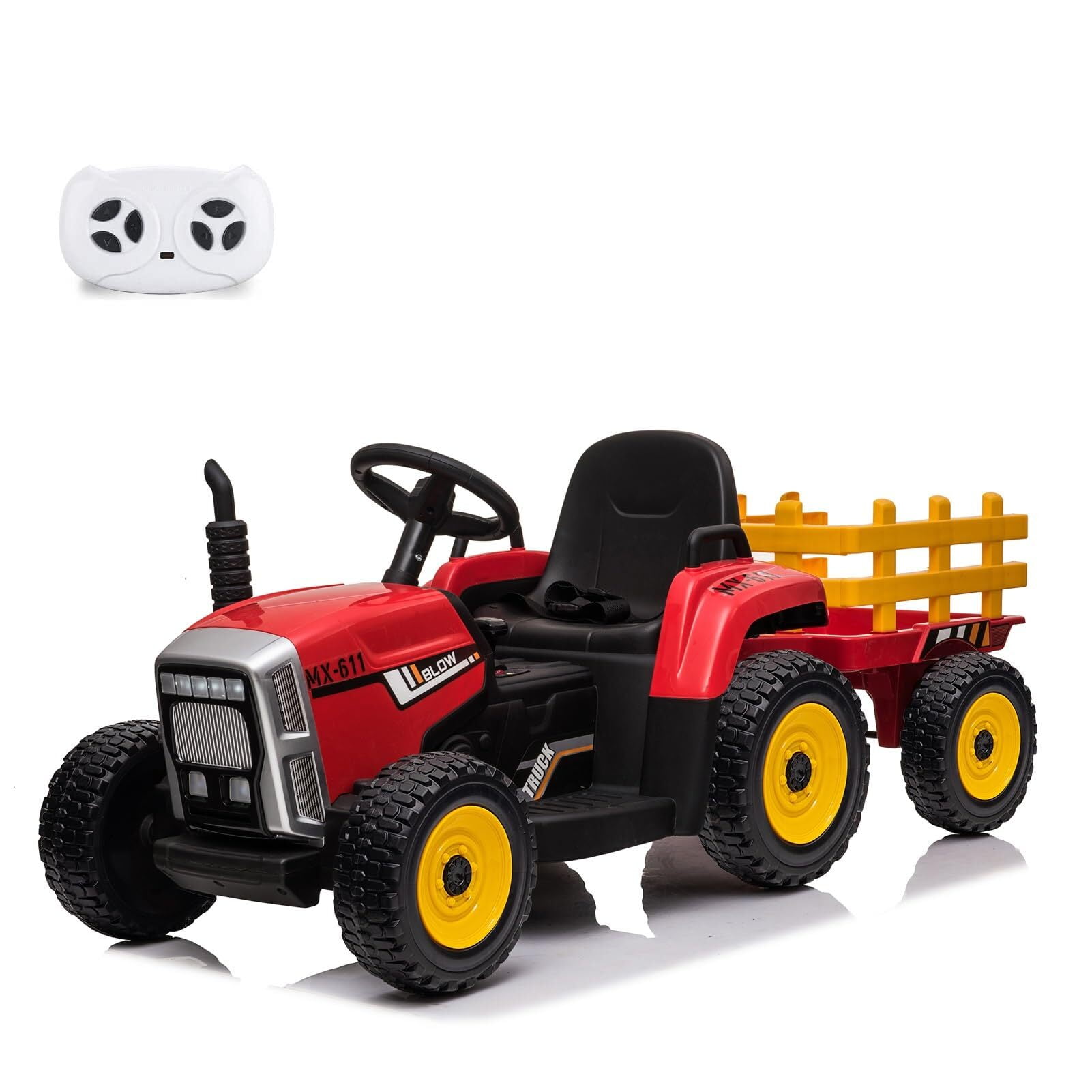 Sakiyr 12V Kids Electric Tractor, Battery Powered, Toddler Riding Farmer's Cart with Detachable Trailer, with Remote Control, LED Light, MP3 Player, USB Port,Sutible for Kids 3-6, 25W Tread Tires