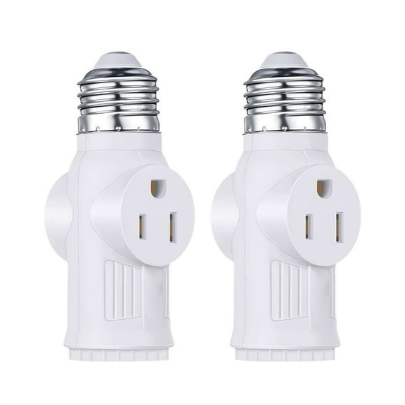 JUICEASE 2 Packs E26/E27 3 Prong Light Socket to Plug Adapter,Polarized Light Socket Outlet for 2/3Prong Convert,Screw in Outlet Plug Splitter for Garage,Porch,PBT
