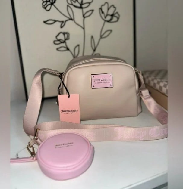 JUICY COUTURE PUFFED UP CROSSBODY SANDSTONE PURSE JC LOGO ON STRAP NWT