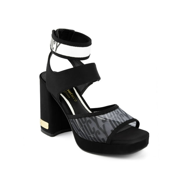 JUICY COUTURE Womens Black Mixed Media Logo Hardware On Heel Ankle Strap Cushioned Graciela Square Toe Block Heel Heeled Sandal 10