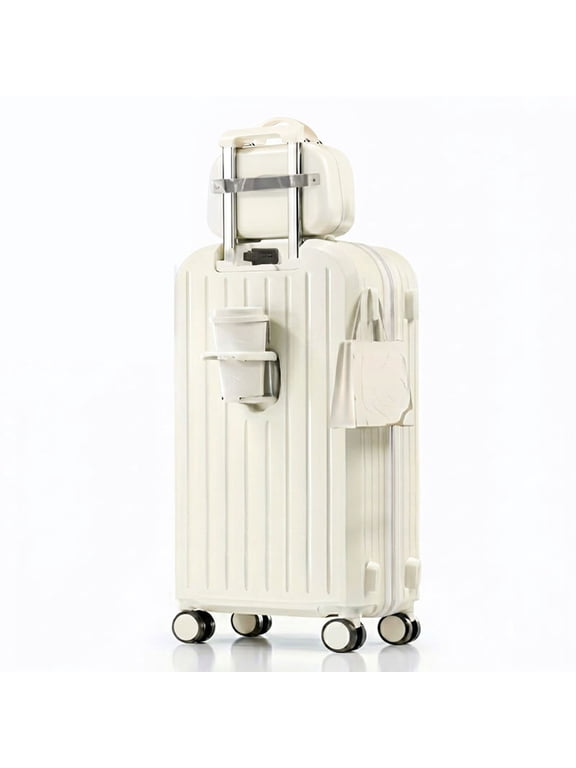 24-Inch Luggage Set, Suitcase with Matching Bag, Cup Holder, USB, Lock & Hook, White