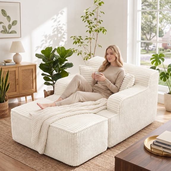 JUIKURY Boneless Indoor Chaise Lounge With Ottoman, Single Sleeper Sofa Bed, Comfy Reading Chair, Beige