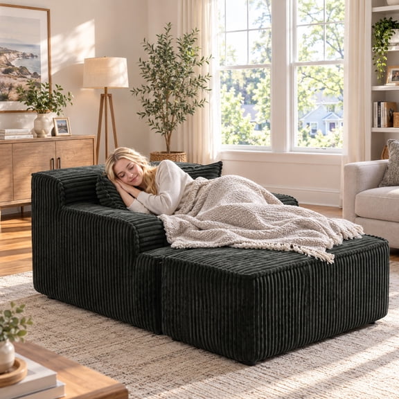 JUIKURY Boneless Indoor Chaise Lounge With Ottoman, Single Sleeper Sofa Bed, Comfy Reading Chair, Black