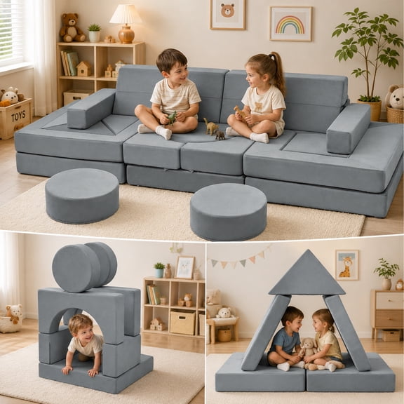 JUIKURY 22Pcs Grey Modular Foam Sectional Couch, Convertible Multi‑Configuration Floor Sofa