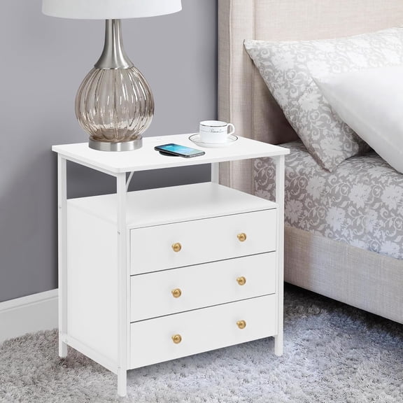 JUIKURY 3 Wooden Drawers Night Stand, 27 Inch White Wide Nightstand with Charging Station and Adjustable Drawers, Small Dresser for Closet, Bedside Table for Living Room/Bedroom/Office