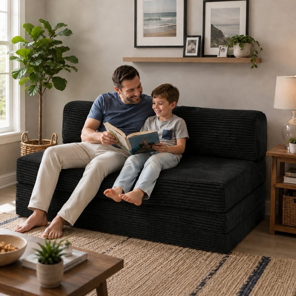 JUIKURY 5‑In‑1 Convertible Boneless Loveseat, Corduroy Sofa Bed with Washable Removable Cover, Full Size, Black