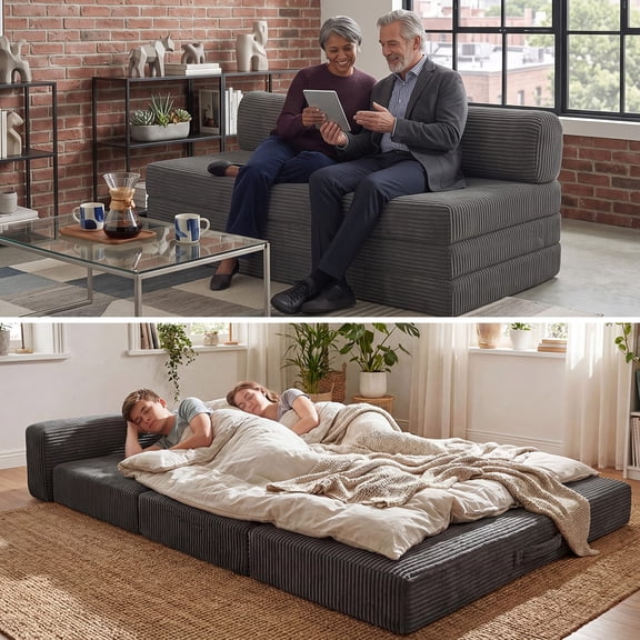 JUIKURY 5‑In‑1 Convertible Boneless Loveseat, Corduroy Sofa Bed with Washable Removable Cover, Grey, 60*27*28inch