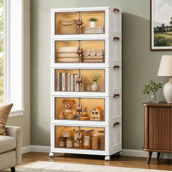 JUIKURY 5-Tier Foldable Storage Cabinet with Transparent Doors & Rolling Casters