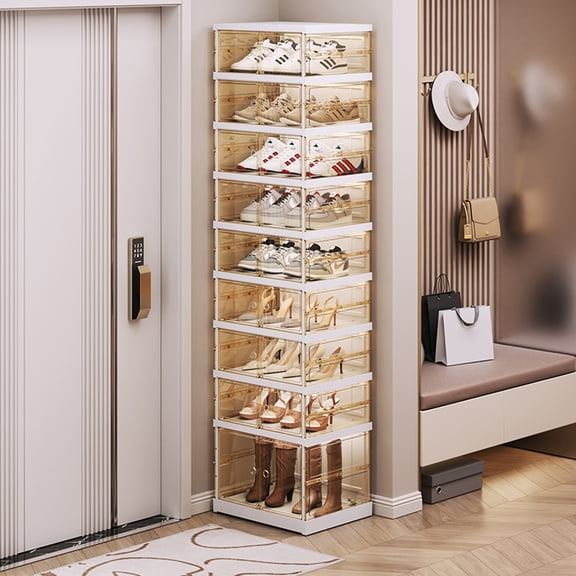 JUIKURY 9-Tier Folding Shoe Cabinet With Clear Doors, Stackable Shoe Organizer Box, Freestanding Storage Rack