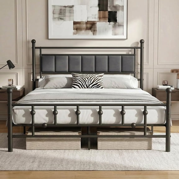 JUIKURY Queen Bed Frame with Headboard, Velvet Upholstered Platform Bed Frame Queen Size, Heavy Duty 13 Metal Slats Support, 14" Underbed Storage, No Box Spring Needed, Noise Free