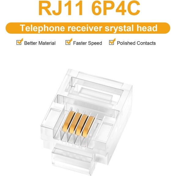 JUJHGRF-100 Pack RJ11 6P4C Plug, Telephone Handset Flat Cord Cable Modular Plug Connector Phone Jack Adapter Crimp End Crimper Clear Plastic Transparent Color
