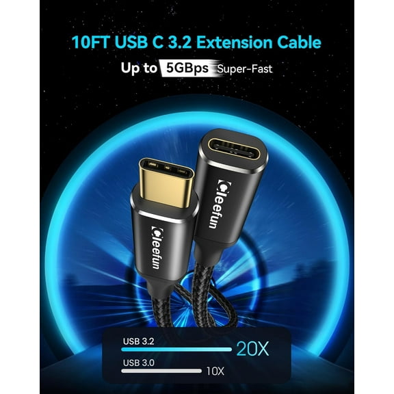JUJHGRF-10ft USB C Extension Cable, 3.2 Male to Female, 5Gbps Data & 4K Video Sync, 100W Fast Charging for USBC Hub, Laptop, Tablet, Phone