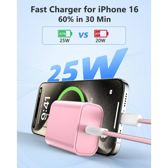 JUJHGRF-2-Pack 25W Phone 17 16 15 Fast Charger and Cable, USB C Wall Charger Block with 60W 6FT Cable for Phone 17/17 Pro/17 Pro Max/Air/16 15 Pro Max Plus, iPad Pro, Samsung Plug and Charging Cord